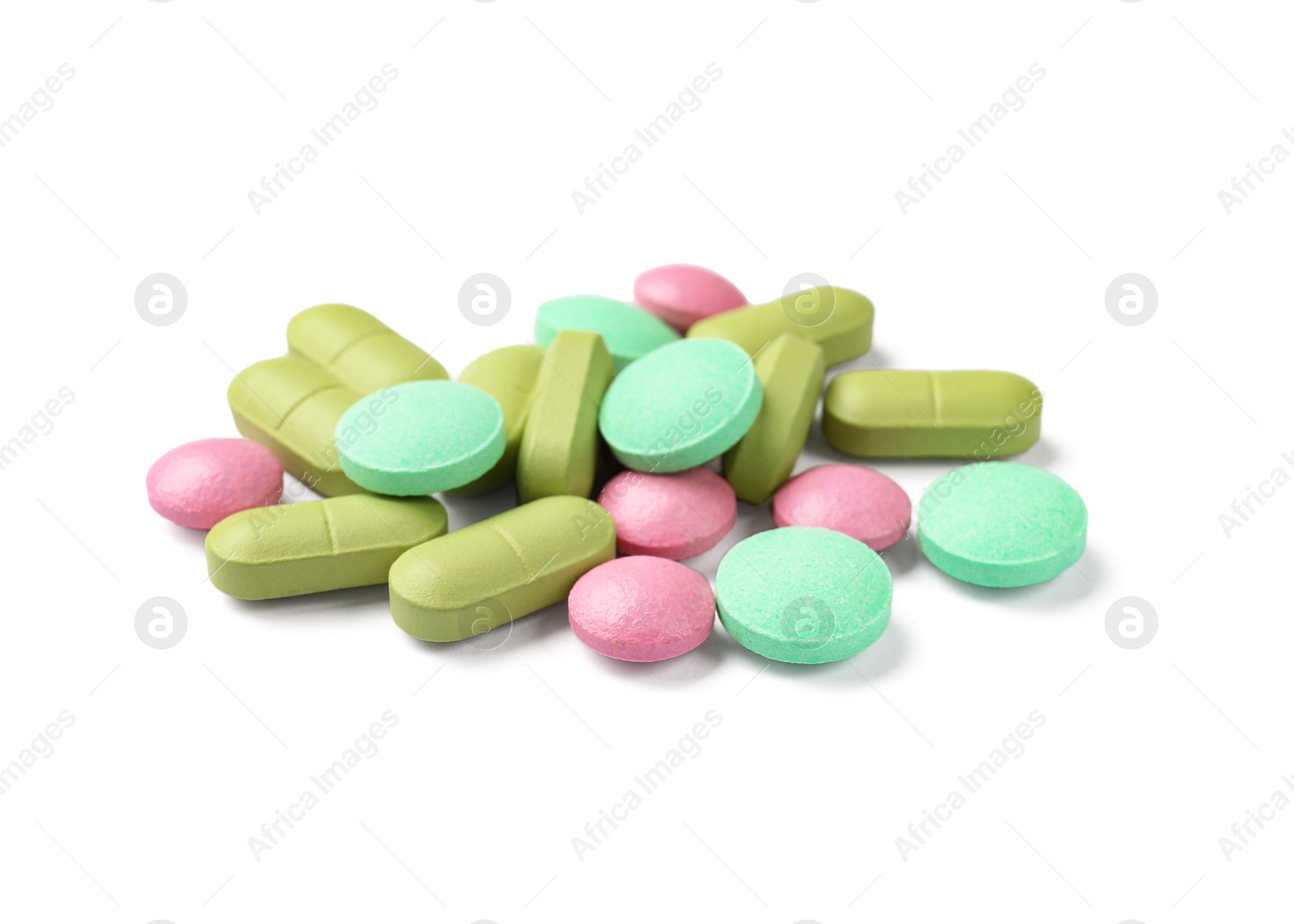 Photo of Many different vitamin pills isolated on white