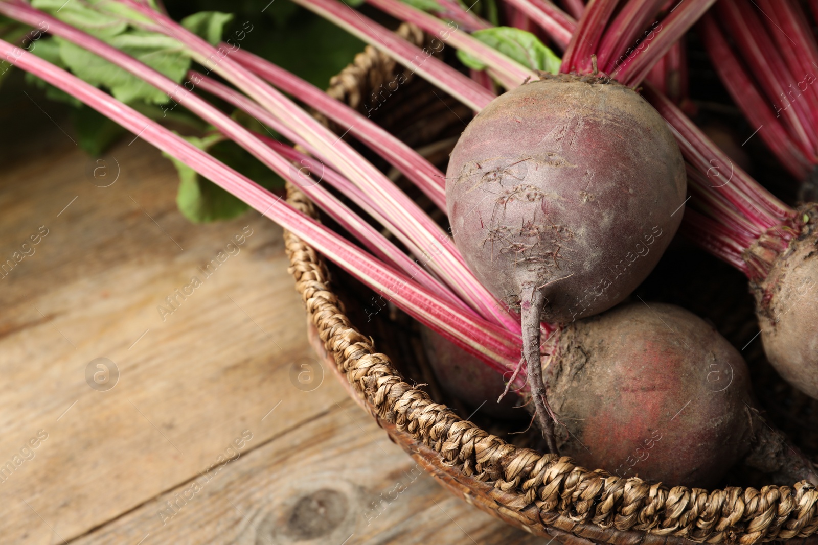 Photo of Raw ripe beets in wicker bowl on wooden table, closeup