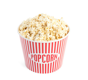 Photo of Bucket of tasty pop corn isolated on white