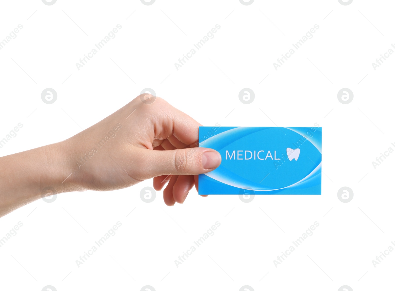 Photo of Woman holding business card isolated on white, closeup. Dental medical service