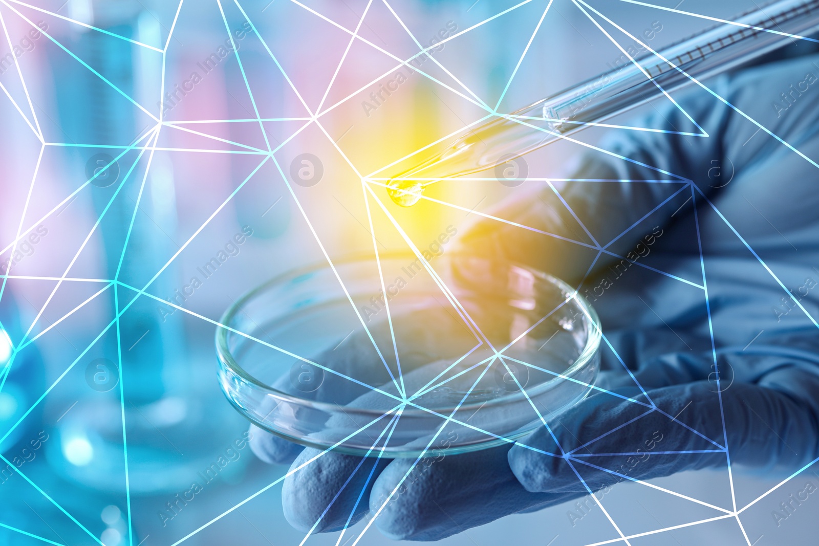 Image of Laboratory worker dripping reagent into Petri dish, closeup