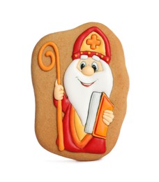 Photo of Tasty gingerbread cookie on white background. St. Nicholas Day celebration