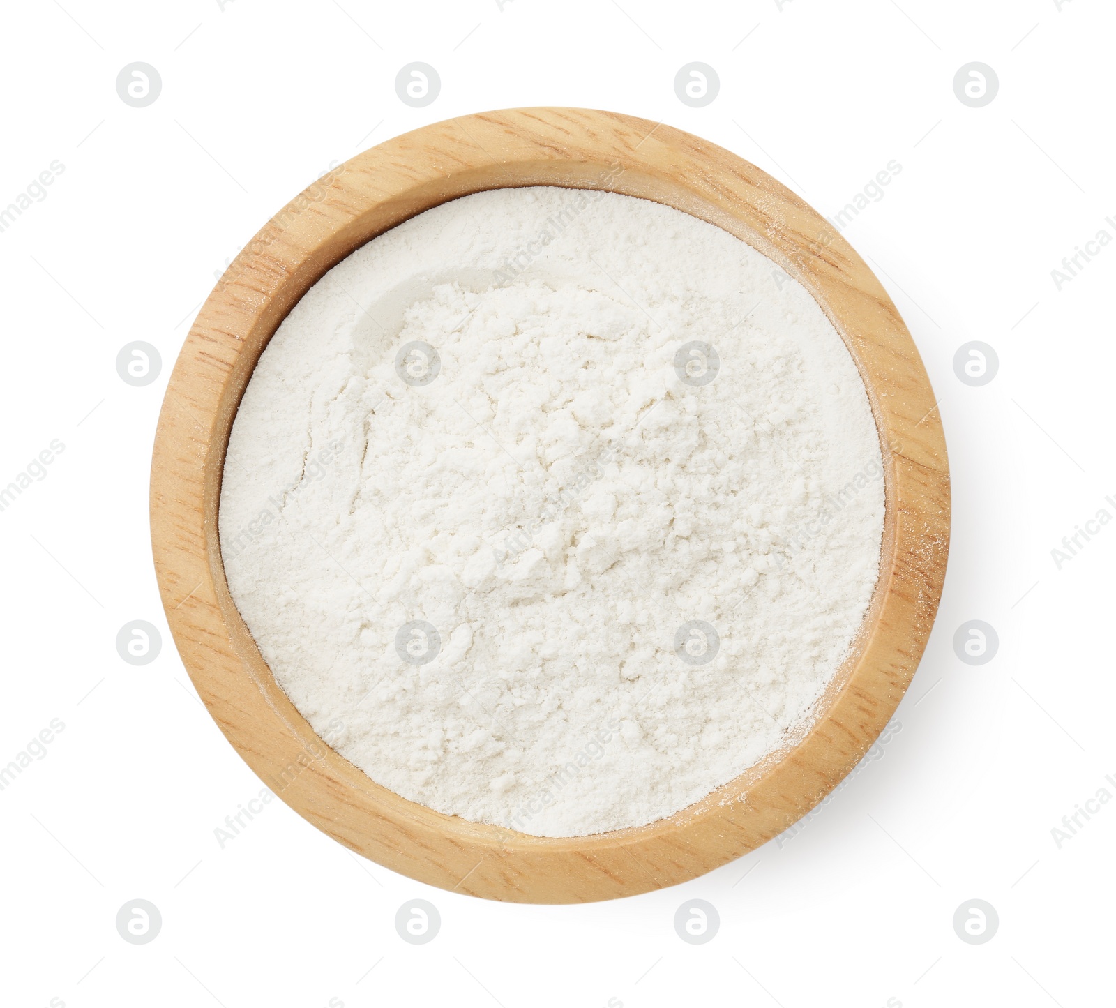 Photo of Baking powder in bowl isolated on white, top view