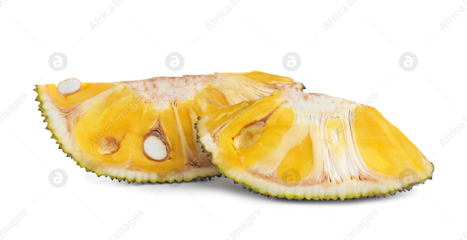 Photo of Slices of delicious exotic jackfruit on white background
