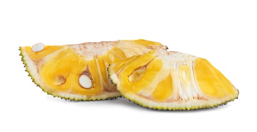 Photo of Slices of delicious exotic jackfruit on white background