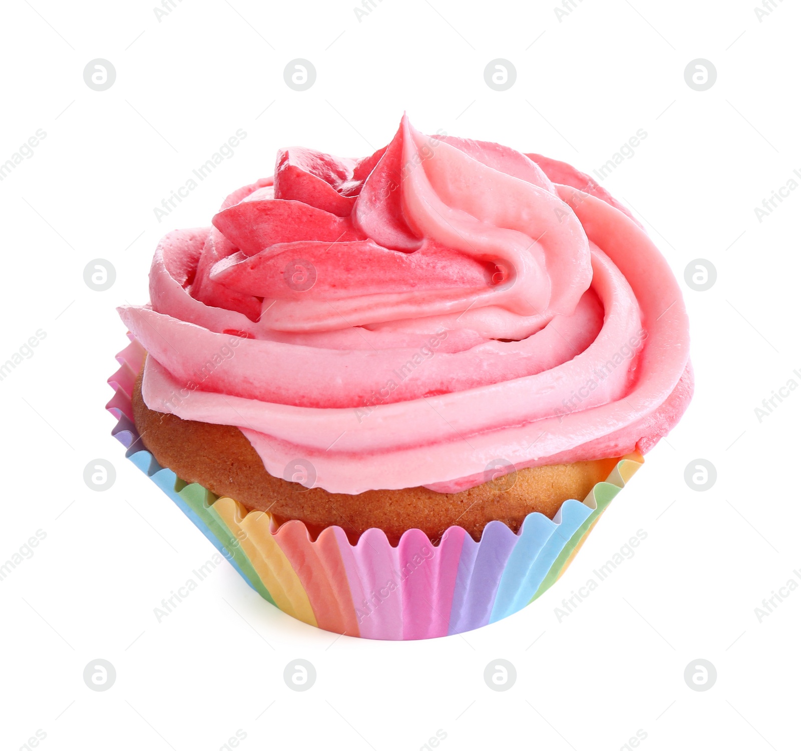 Photo of Delicious cupcake with pink cream isolated on white