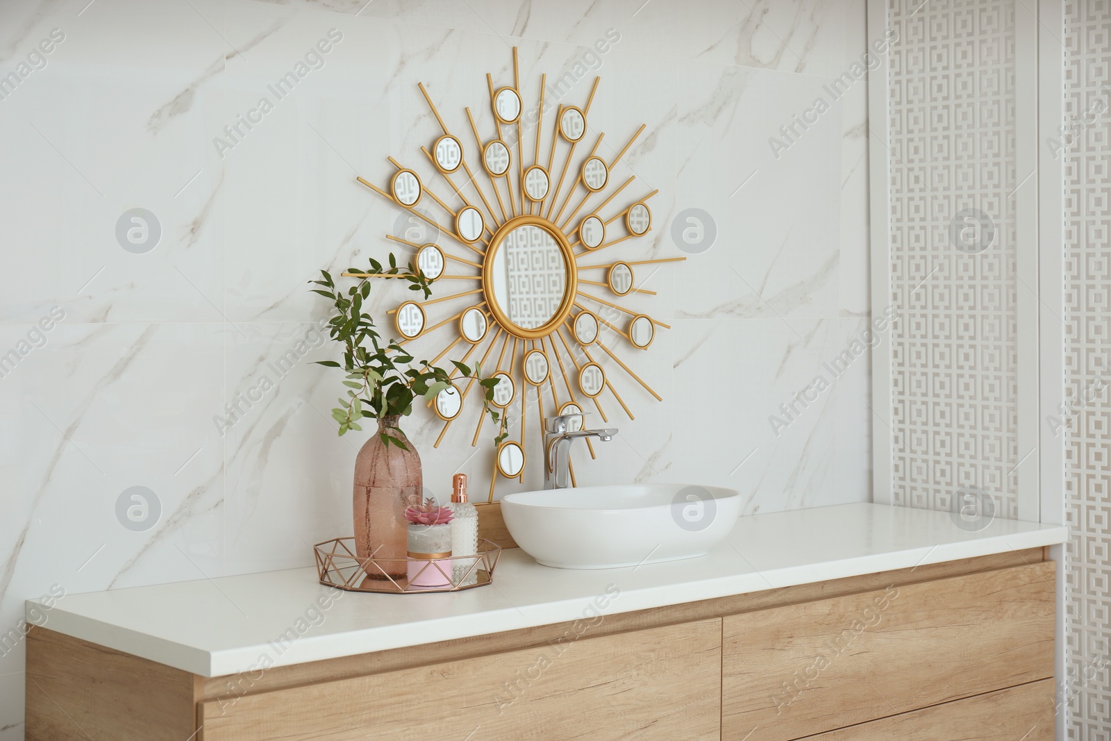 Photo of Modern bathroom interior with stylish mirror and vessel sink