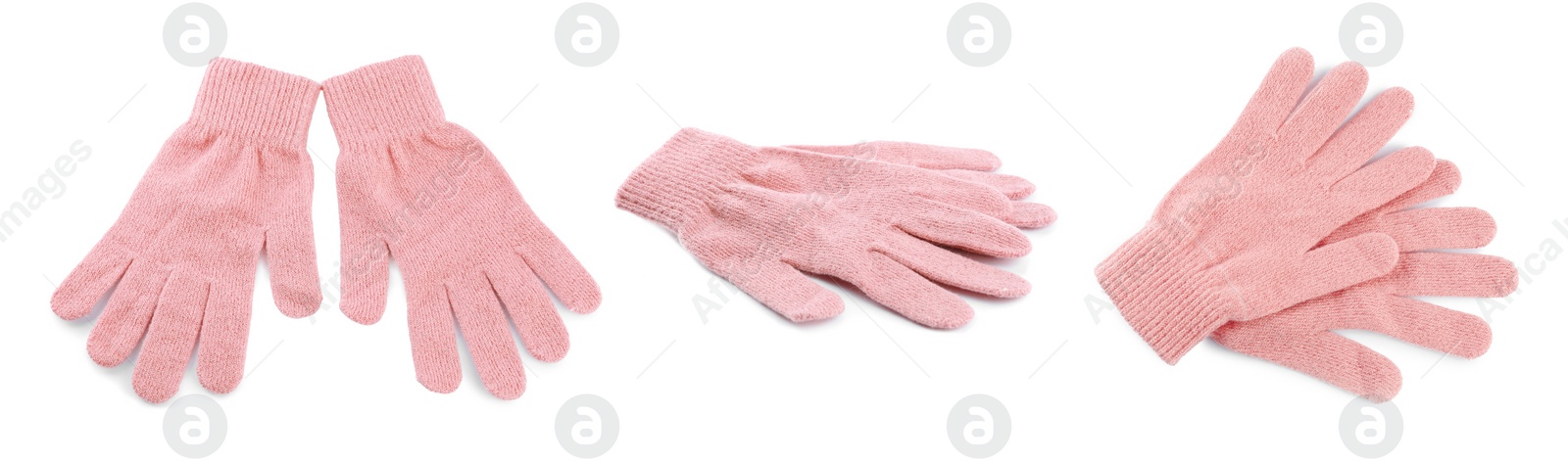 Image of Set of pink woolen gloves on white background. Banner design 