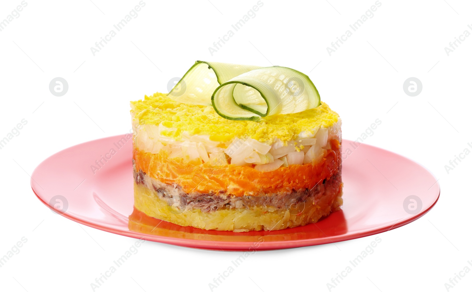 Photo of Traditional russian salad Mimosa on white background