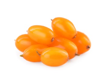 Photo of Fresh ripe sea buckthorn berries on white background