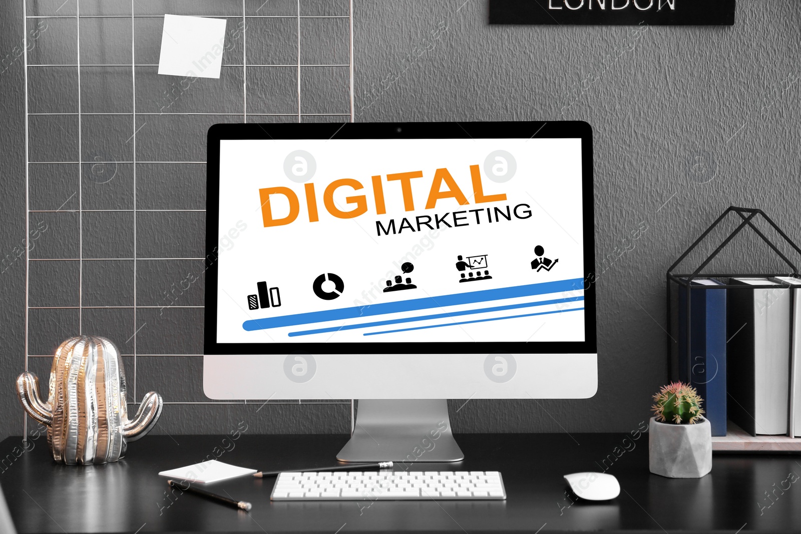 Digital marketing concept. Workplace with modern computer Image of Digital marketing concept. Workplace with modern computer
