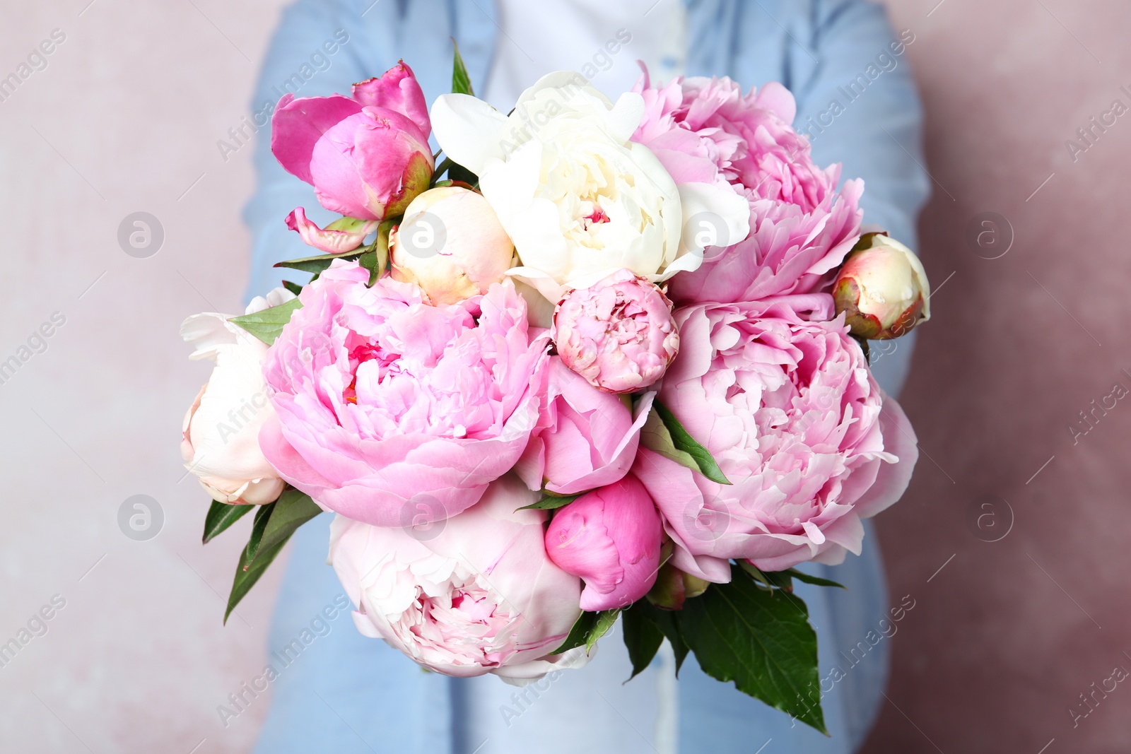 Photo of Woman with bouquet of beautiful peonies on pink background, closeup