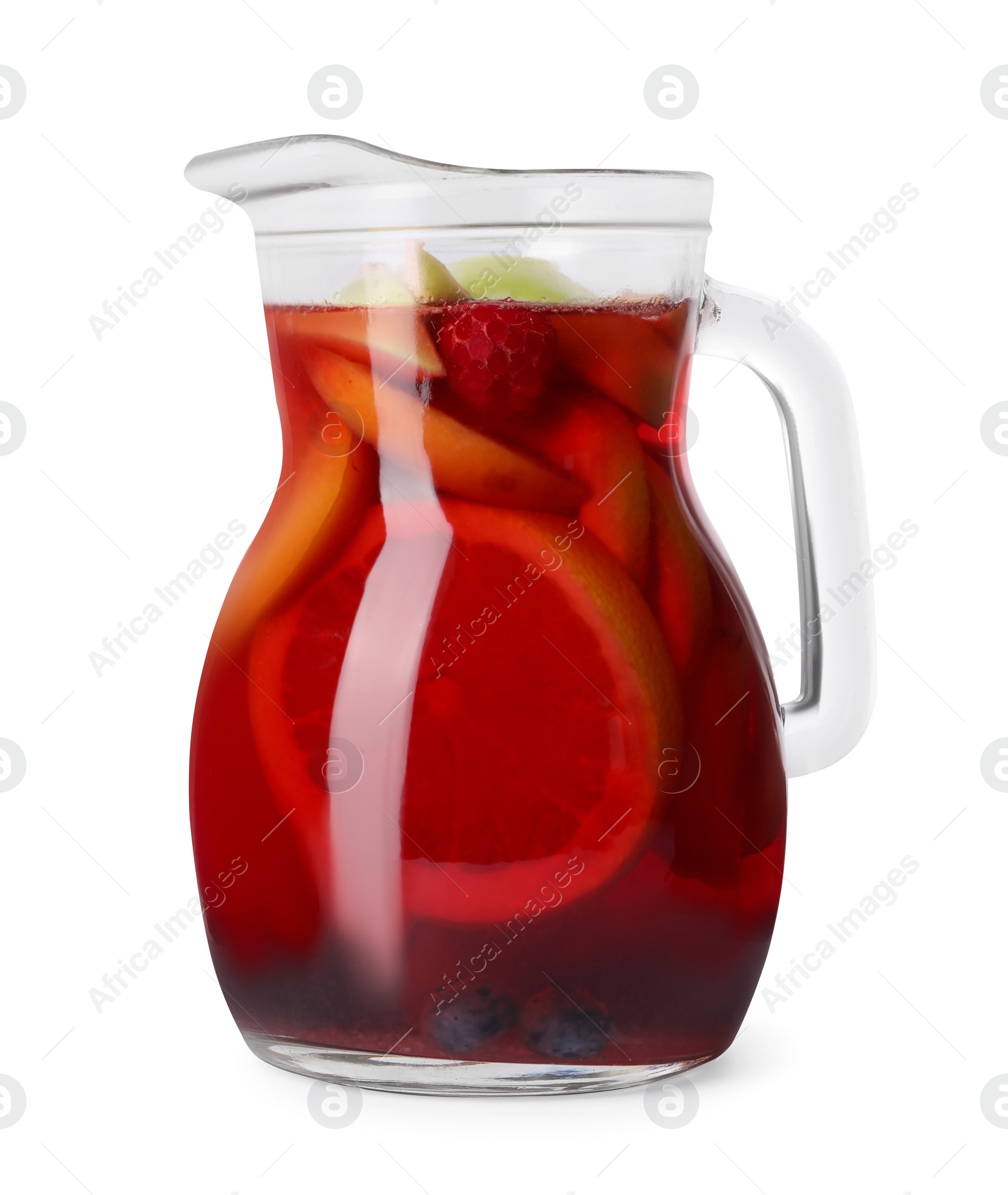 Photo of Glass jug of delicious sangria isolated on white