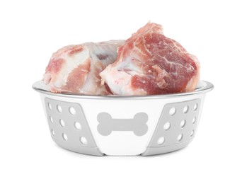 Feeding bowl with raw meaty bones isolated on white. Natural animal food