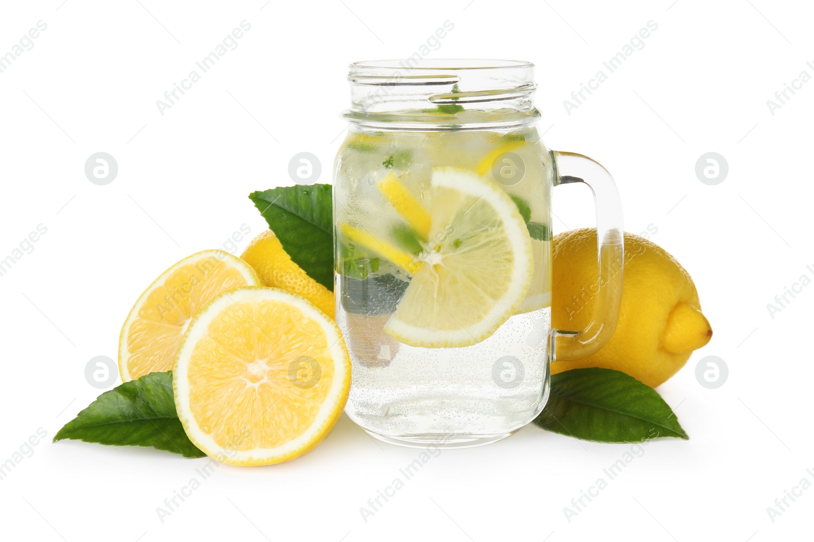 Photo of Cool freshly made lemonade and ingredients on white background