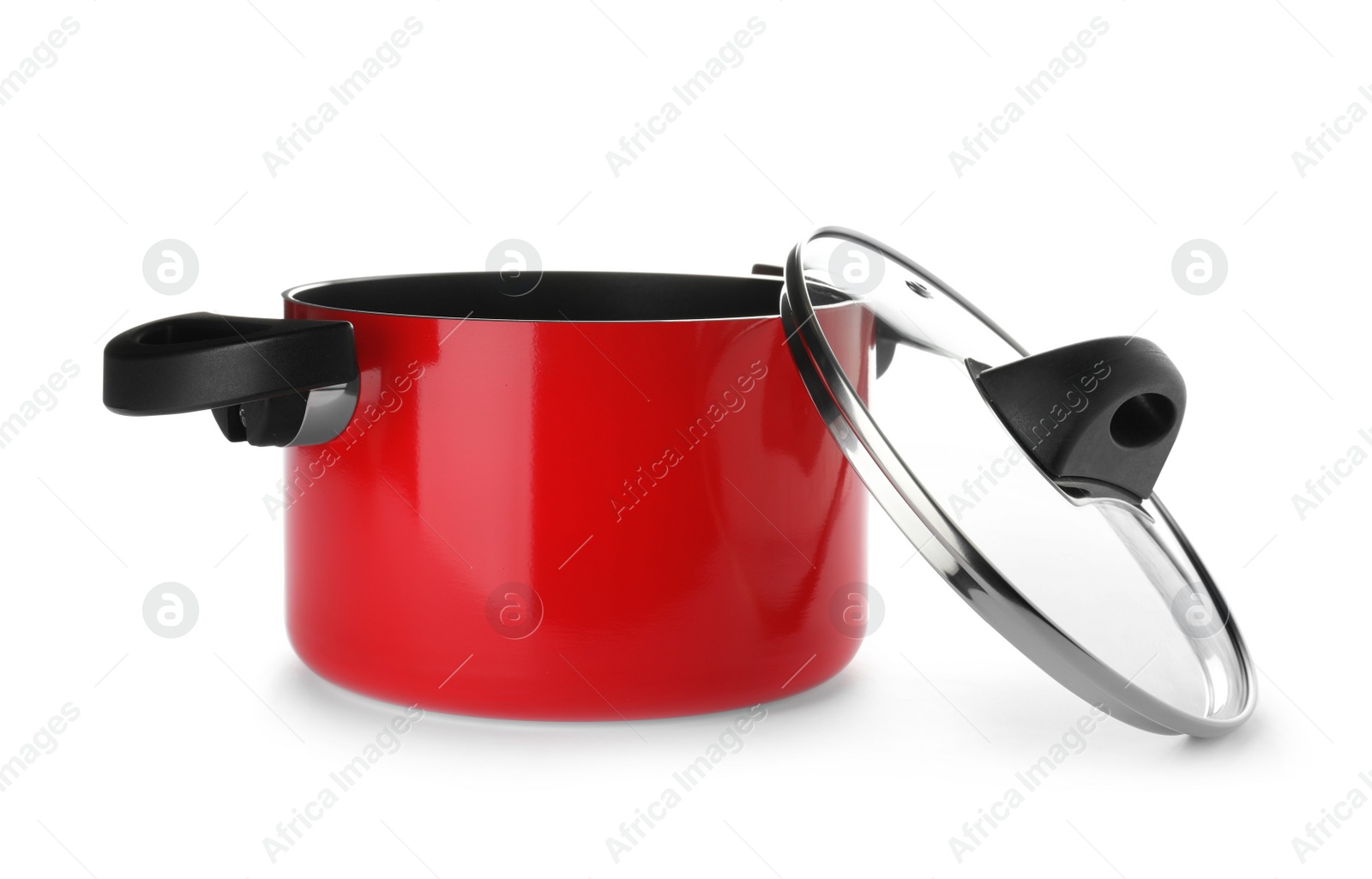 Photo of Modern red clean saucepan with lid isolated on white