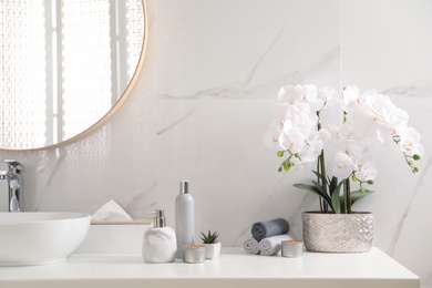 Beautiful flowers, burning candles and different toiletries on countertop in bathroom