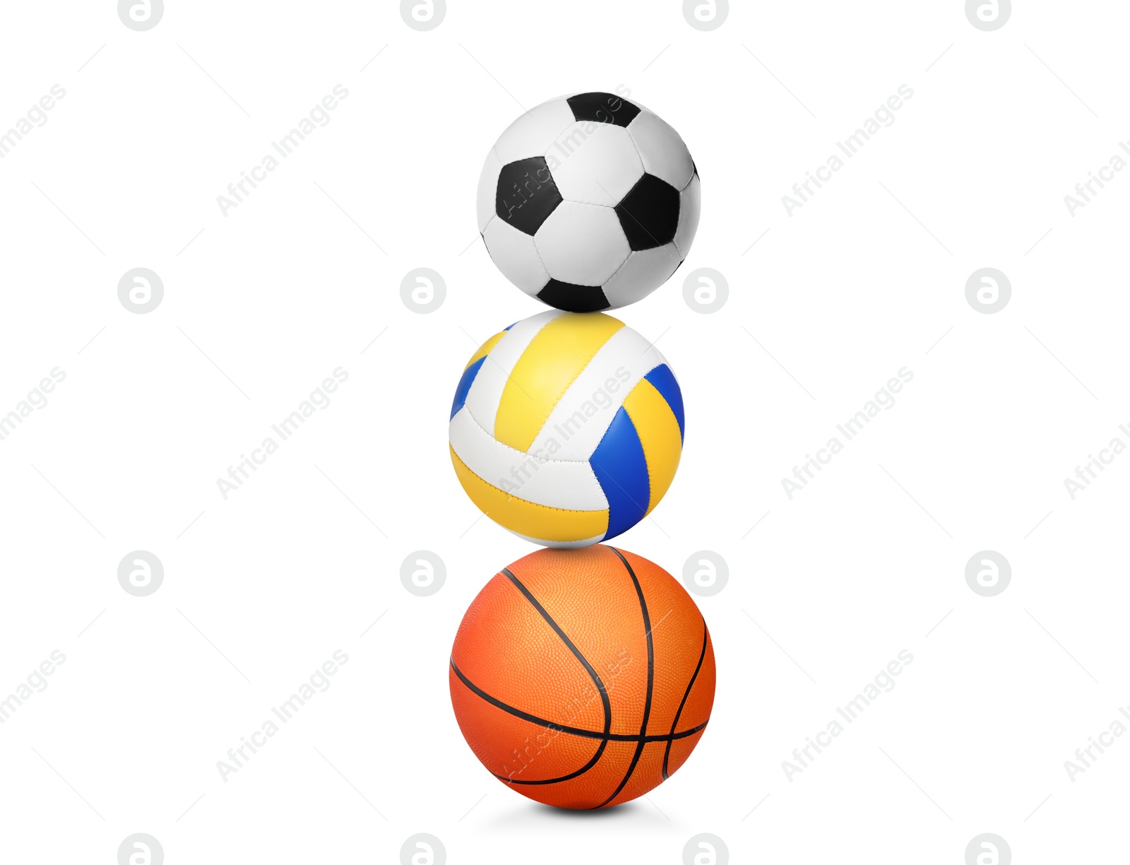 Image of Stack of different sport balls on white background