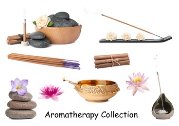 Image of Incense sticks and other items for aromatherapy on white background, collage 