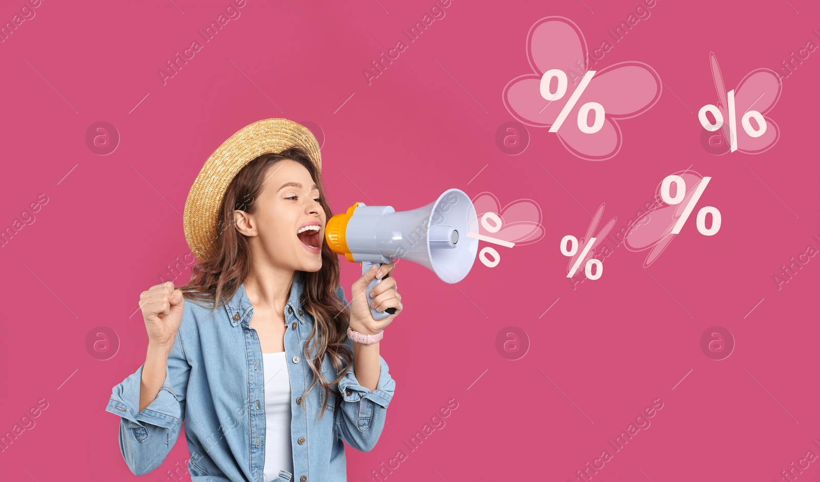 Image of Discount offer. Woman shouting into megaphone on pink background. Percent signs flying out from device