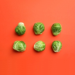 Photo of Fresh Brussels sprouts on coral background, flat lay