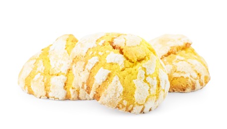 Photo of Tasty homemade lemon cookies on white background