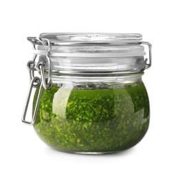 Photo of Homemade basil pesto sauce in glass jar on white background