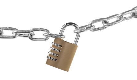 Photo of Steel combination padlock and chain isolated on white