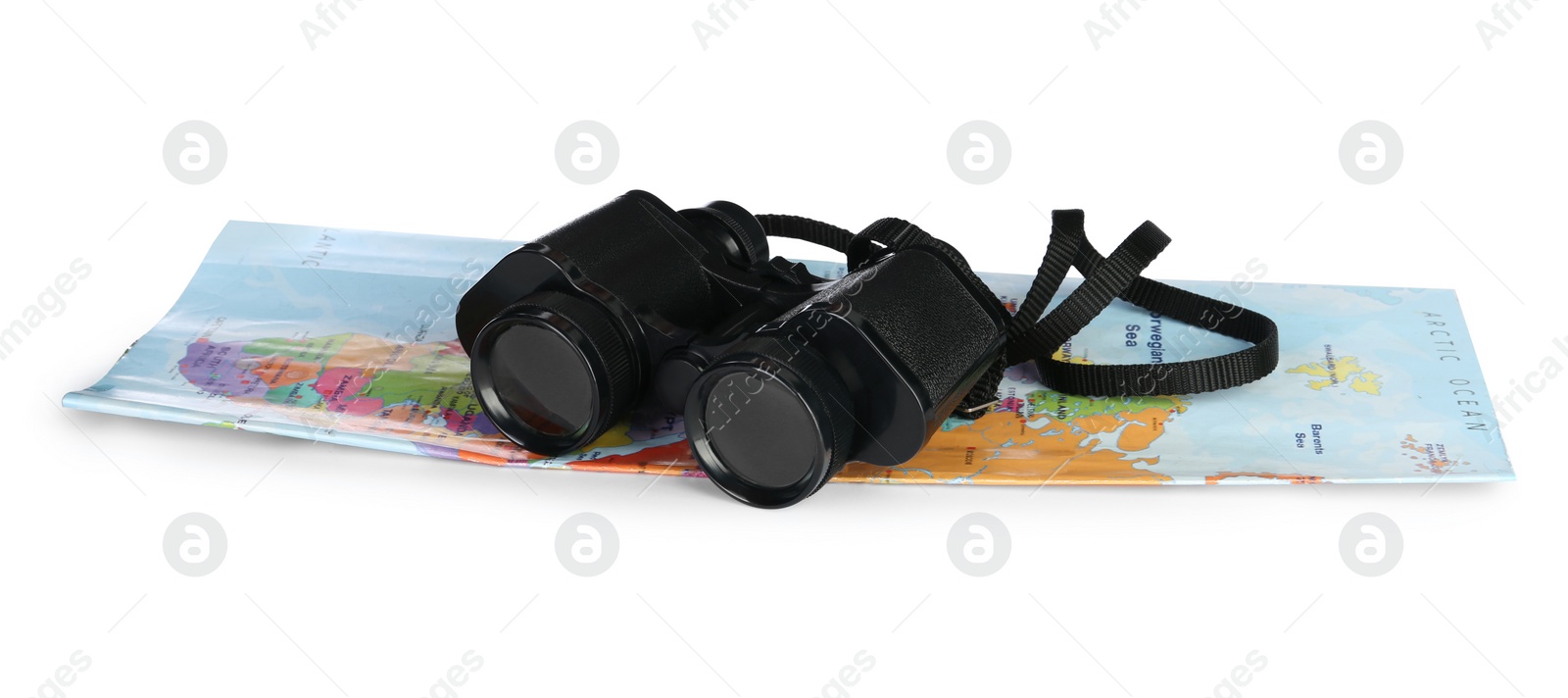 Photo of Modern binoculars and map on white background