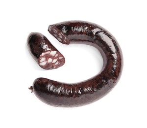 Cut tasty blood sausage on white background, above view