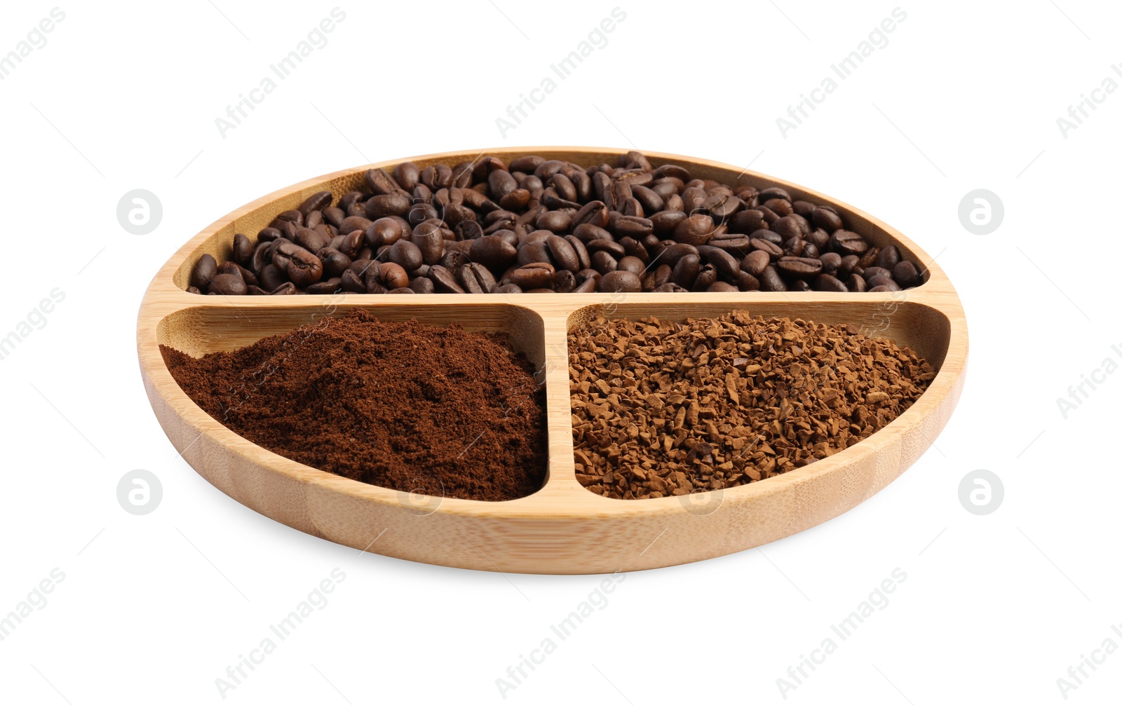 Photo of Wooden plate of beans, instant and ground coffee on white background