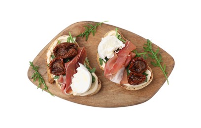 Photo of Delicious sandwiches with burrata cheese, ham and sun-dried tomatoes isolated on white, top view