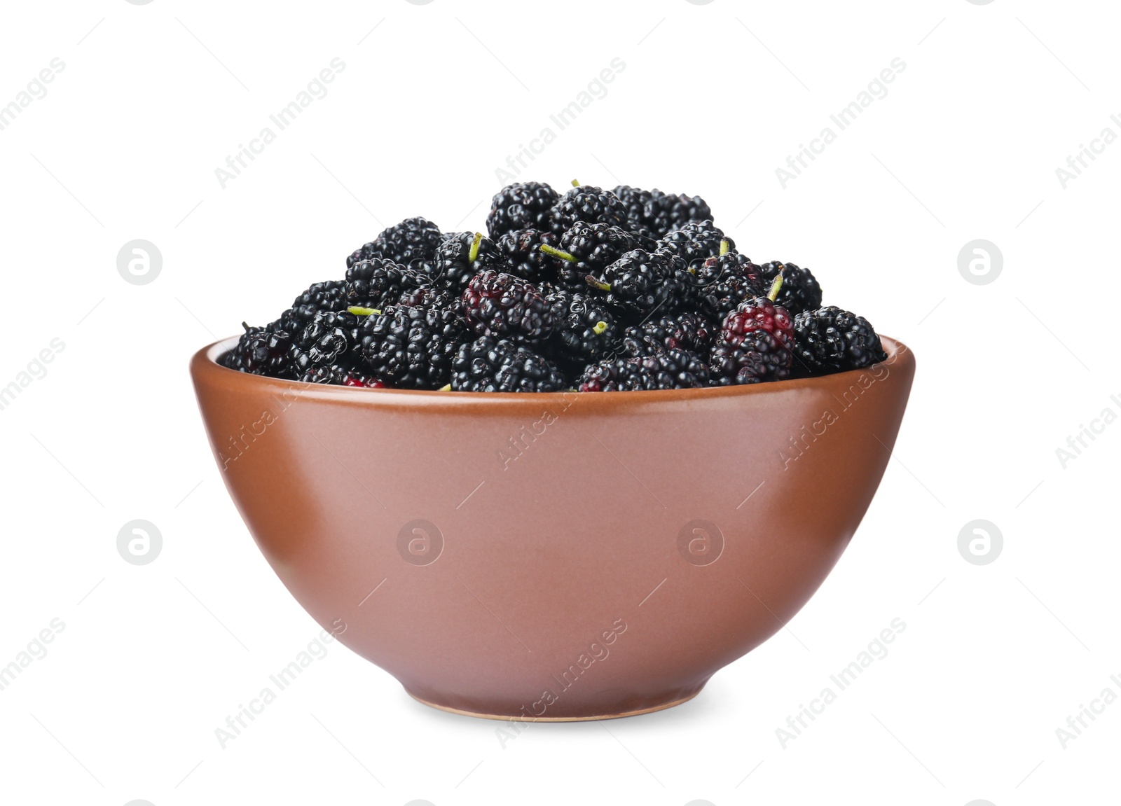 Photo of Delicious ripe black mulberries in bowl on white background