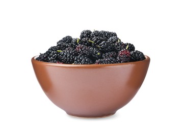 Photo of Delicious ripe black mulberries in bowl on white background