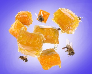 Image of Pieces of honeycomb in air and bees flying on slate blue background