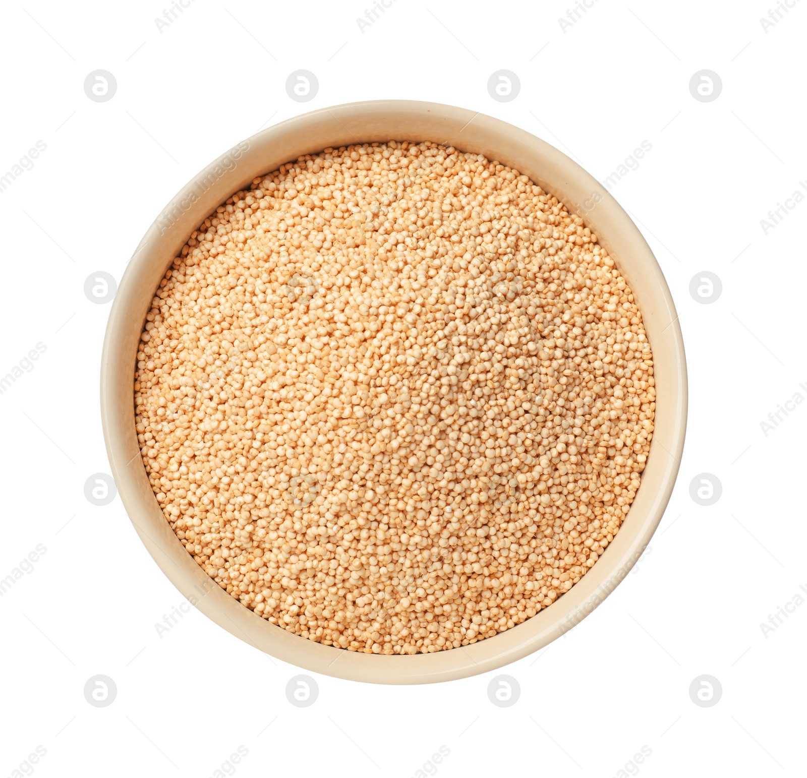 Photo of Raw quinoa in bowl isolated on white, top view
