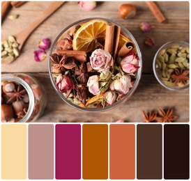 Image of Flat lay composition with aromatic potpourri with different spices on wooden table and color palette. Collage
