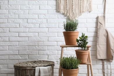 Photo of Different aromatic potted herbs near white brick wall indoors, space for text