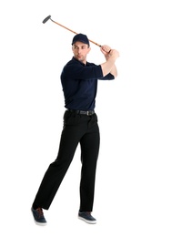 Photo of Full length portrait of man with golf club isolated on white