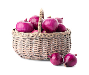 Photo of Basket full of onion bulbs isolated on white