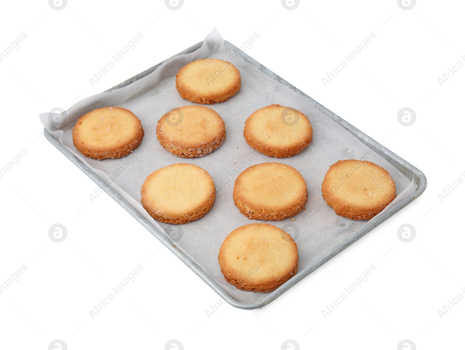 Photo of Tray with tasty sugar cookies isolated on white