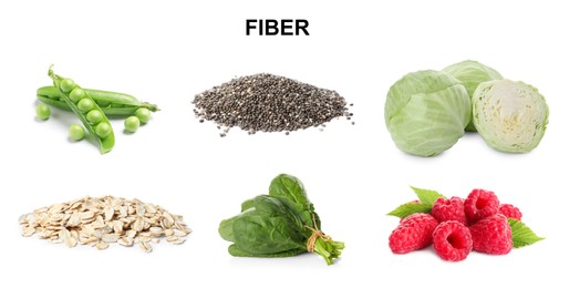 Image of Set with different products rich in fiber on white background. Banner design