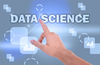 Image of Data science. Man touching digital screen, closeup