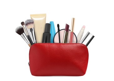 Image of Cosmetic bag filled with makeup products on white background