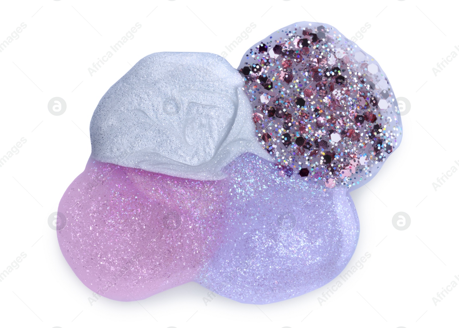 Photo of Samples of different nail polishes with glitter isolated on white, top view