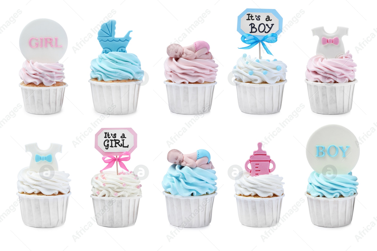 Image of Beautifully decorated baby shower cupcakes on white background, collage