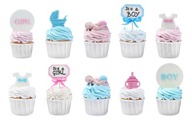 Image of Beautifully decorated baby shower cupcakes on white background, collage