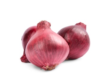 Photo of Ripe red onions on white background