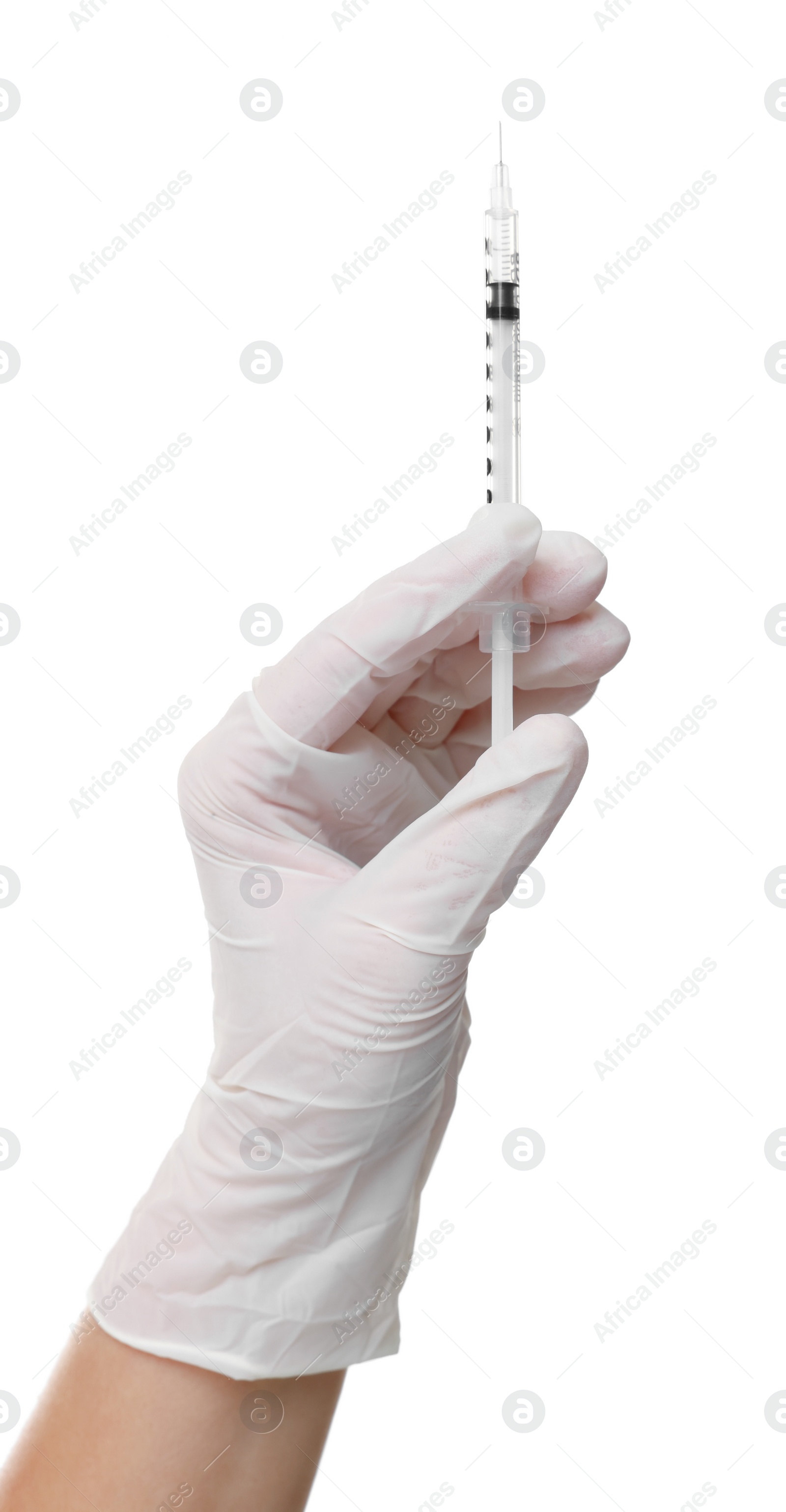 Photo of Doctor holding medical syringe on white background, closeup