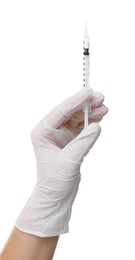 Doctor holding medical syringe on white background, closeup